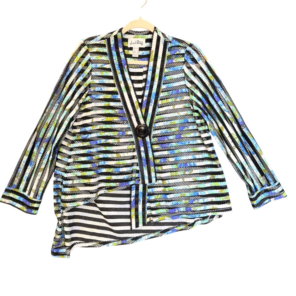 Joseph Ribkoff Womens 8 Floral Stripe Mesh Asymmetrical Button Front Jacket Blue